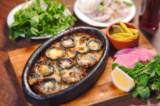 Oven-baked cheddar mushrooms.