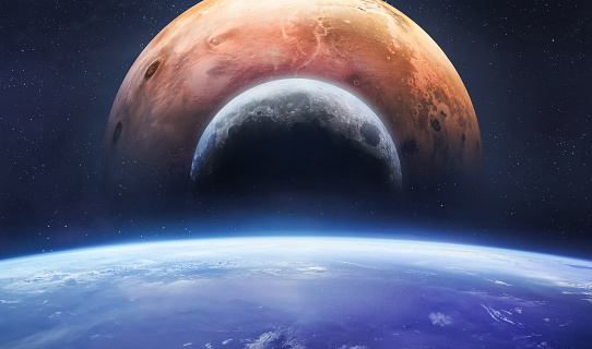 Earth, Moon, Mars in space. Planets in deep space. AStronomy collage. Elements of this image furnished by NASA (url:https://images-assets.nasa.gov/image/PIA00405/PIA00405~small.jpg https://www.nasa.gov/sites/default/files/styles/full_width_feature/public/thumbnails/image/iss060e007297.jpg https://mars.nasa.gov/system/site_config_values/meta_share_images/1_mars-nasa-gov.jpg)