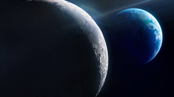 istock Earth and Moon in the dark. Planet and satellite. Moon surface. Deep space with stars. Exploration of solar system. Elements of this image furnished by NASA 1456432564