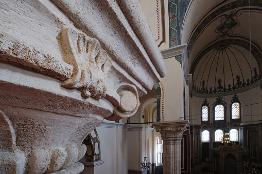 Istanbul, Turkey - January, 2023: Interior view of Zeyrek Mosque, or Monastery of the Pantocrator, arches, vaults, windows, details of Pantokrator Byzantine Church