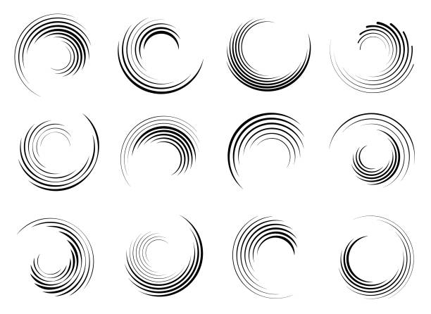 Swirl circular patterns Set of abstract circle shapes for design. Radial rotating lines. Symbol of ripple effect. Vector design elements graphic swirl pattern stock illustrations