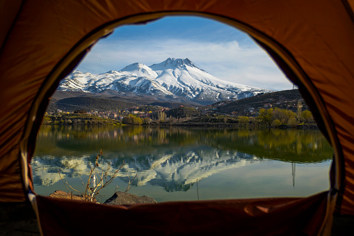 mountain landscape reflected in the lake in a tent, Mount Hasan