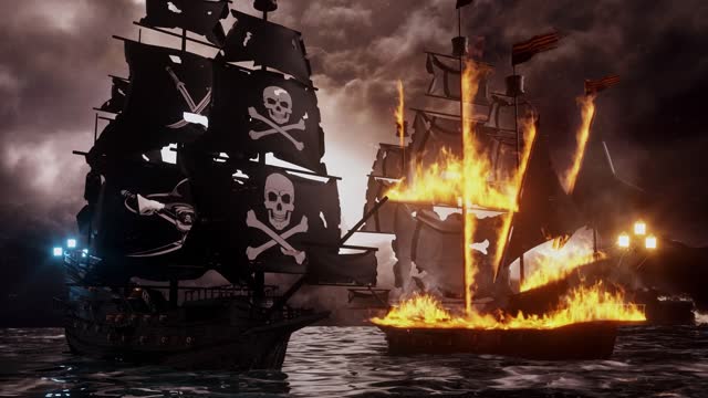 3D Jolly Roger Pirate Galleon firing cannons at an Enemy Galleon - Loop Landscape Background