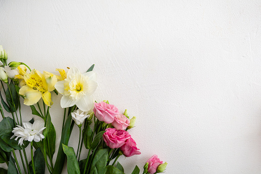 Top view of spring flowers on light surface copy space