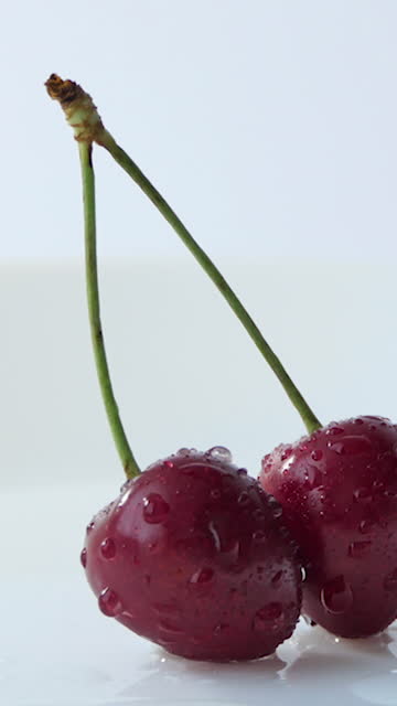 Vertical Screen: two red cherries on a white background. Cyclic movement