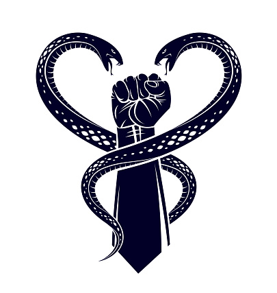 Clenched fist with two snakes classic style tattoo vector vintage symbol, heart shaped serpents around human arm.