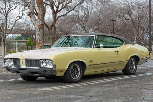 Pasadena, California, United States - January 8, 2023: 70's Oldsmobile Cutlass shown parked in the City of Pasadena, Los Angeles County.