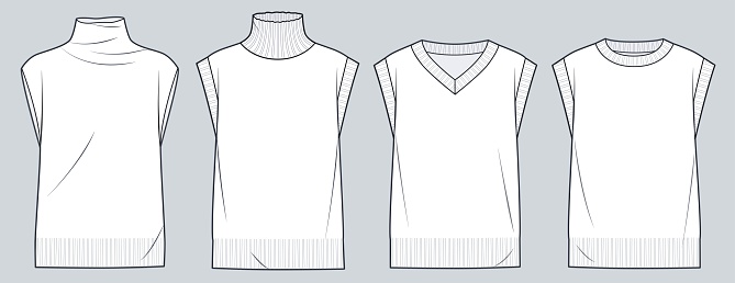 Set of Sweaters Vest, Jumpers technical fashion illustration. Sweaters Vest fashion technical drawing template, overfit, roll neck, round neck, v neck, front view, white, women, men, unisex CAD mockup set.