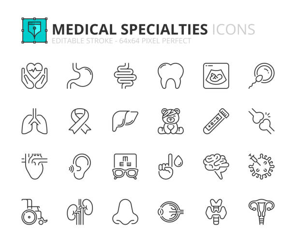 Simple set of outline icons about medical specialties. Health care Line icons about medical specialties. Contains such icons as health care, virology, gynecology, cardiologist and human organs. Editable stroke Vector 64x64 pixel perfect bloody nose stock illustrations
