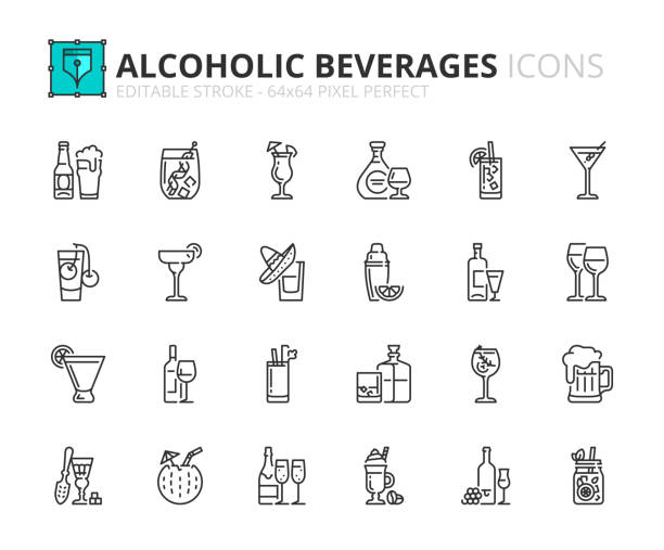 illustrazioni stock, clip art, cartoni animati e icone di tendenza di icone di contorno sulle bevande alcoliche - whisky shot glass glass beer glass