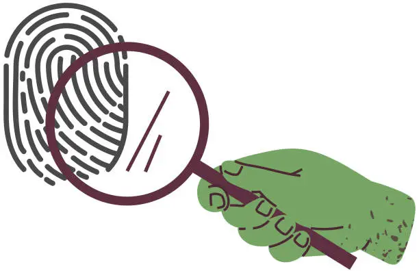 Vector illustration of Magnifying glass or lens to look at investigation evidence. Person with loupe looking at fingerprint