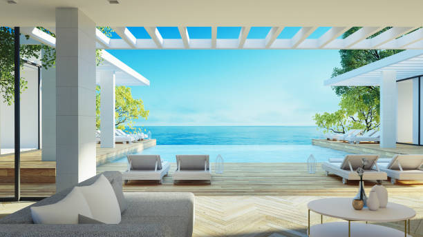 playa de lujo sala de estar y mar 

ver interior - renderizado 3d - santorini greece villa beach fotografías e imágenes de stock
