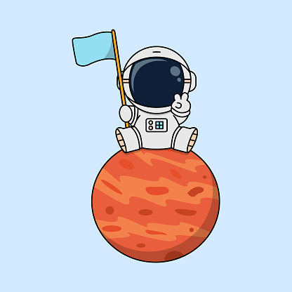 Cute astronaut with flag sitting on planet cartoon, vector illustration