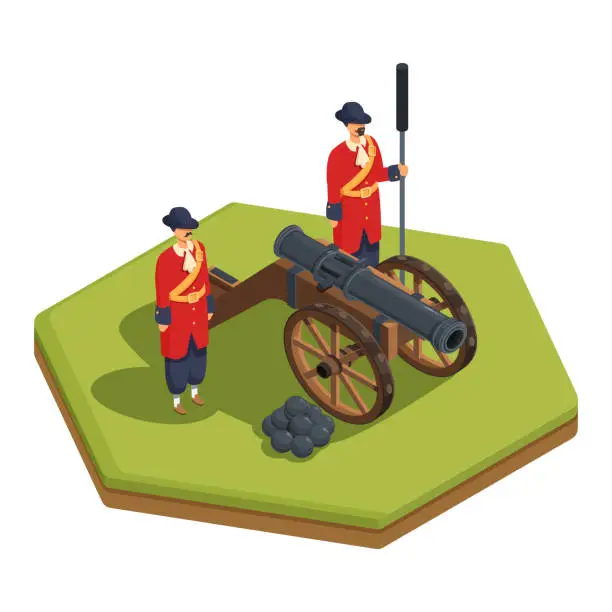 Vector illustration of isometric old soldiers with cannon, vector illustration