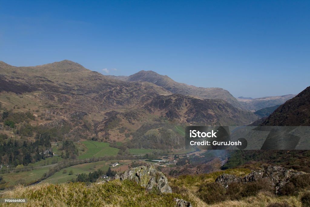 Hills above Beddgelert Wales, looking toward Snowdon Blue Stock Photo