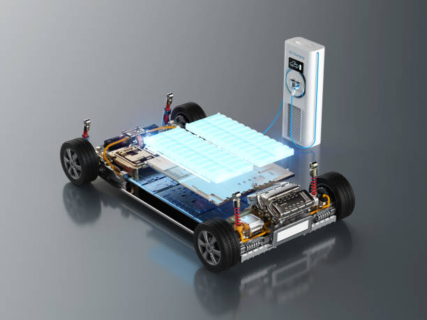 branchement de batterie de voiture électrique avec borne de recharge pour véhicules électriques - ion photos et images de collection