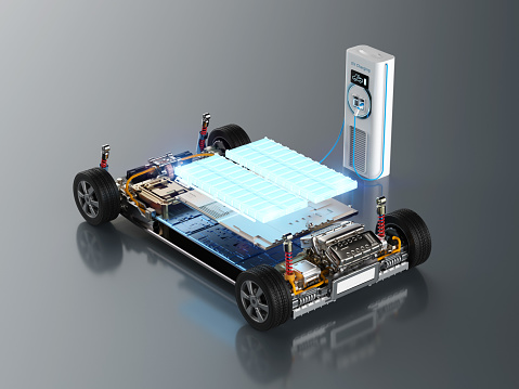 3d rendering electric car battery plug in with ev charging station