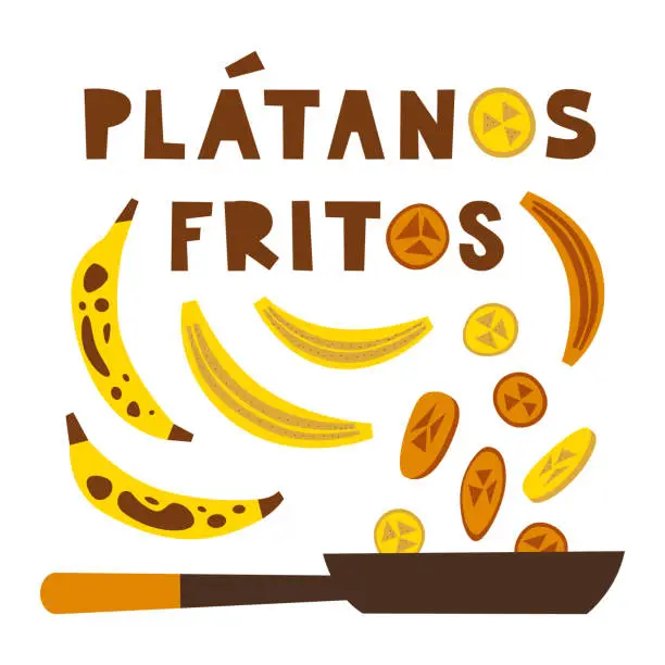 Vector illustration of Fried bananas traditional mexican dessert. Platanos fritos Latin American sweet. Slices of plantain on the frying pan. Vector flat illustration.