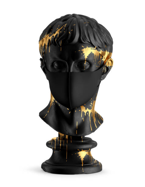 istock Black Face Mask on Antique Sculpture with Golden Drips Mockup 1456467261