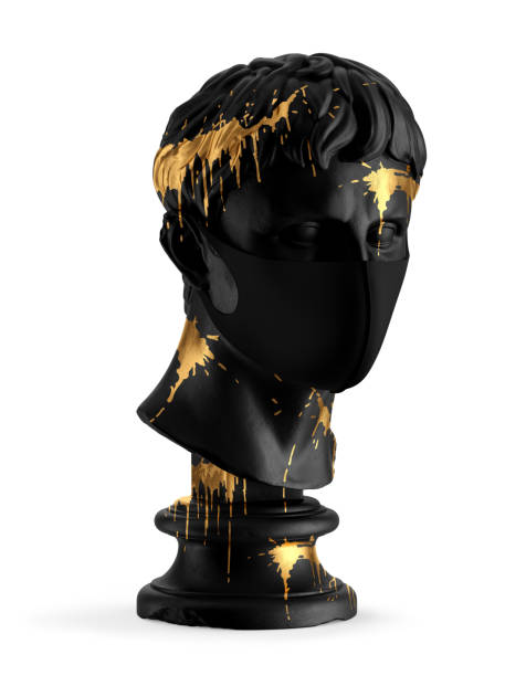 istock Black Face Mask on Antique Sculpture with Golden Drips Mockup 1456467264