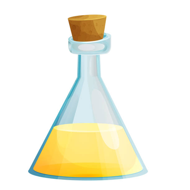 essig in glasflasche mit korken im cartoon-stil isoliert auf weißem hintergrund. apfel, weinflüssigkeit, dressing. vektorillustration - vinegar bottle balsamic vinegar cruet stock-grafiken, -clipart, -cartoons und -symbole