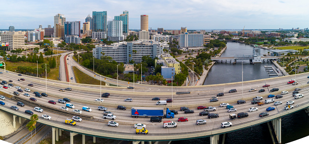 Skyline of Tampa, Florida. Distant view of Downtown Tampa over the Hillsborough River and big transport junction. Extra-large, high-resolution stitched panorama.