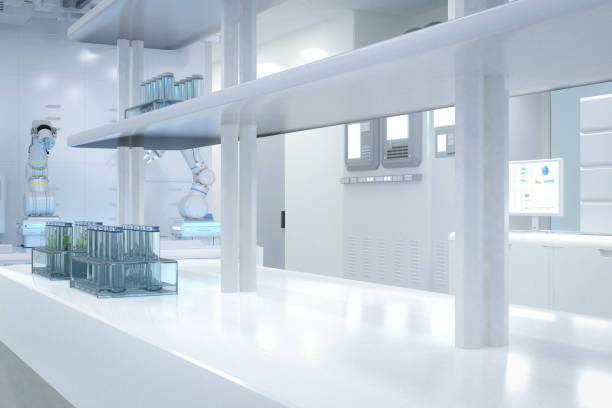 istock white futuristic digital laboratory with machine, computer screen and test tubes 1456468223