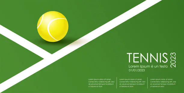 Vector illustration of Tennis championship and tournament poster. Illustration for sports competition, lawn tennis championship. Ball on the Line. Tennis court and ball. Sports equipment. Modern illustration for card, cover