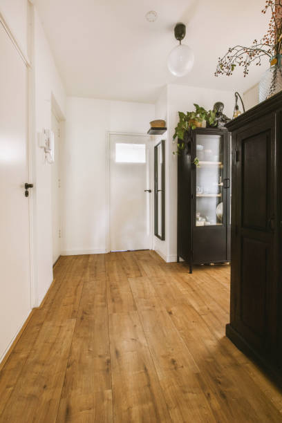 istock Narrow corridor with doors and lamp 1456468704