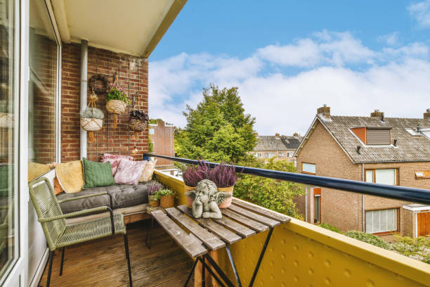 istock Narrow balcony with chair and door 1456468745