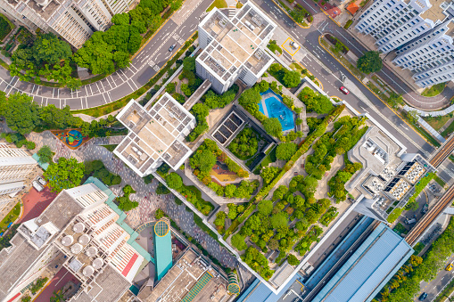 Overhead view of green building in Singapore