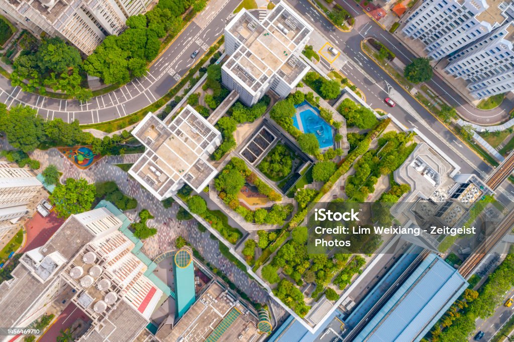 Overhead view of green building in Singapore Singapore Stock Photo
