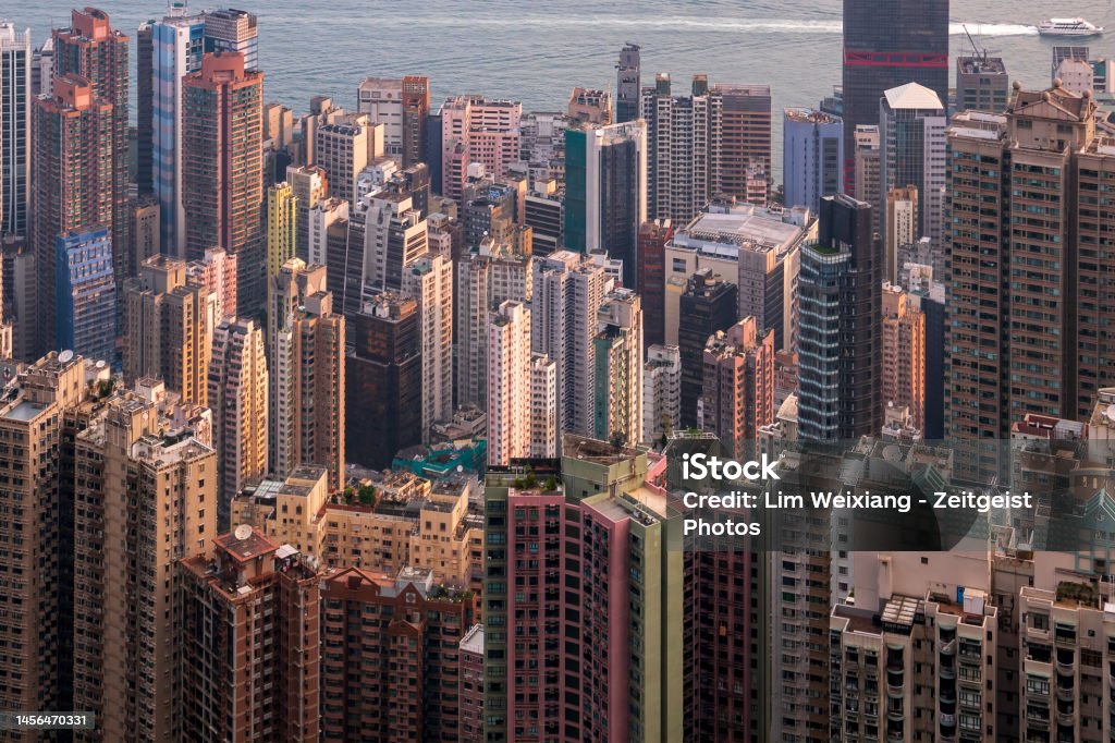 Aerial shot of urban sprawl in Hong Kong Island Aerial View Stock Photo