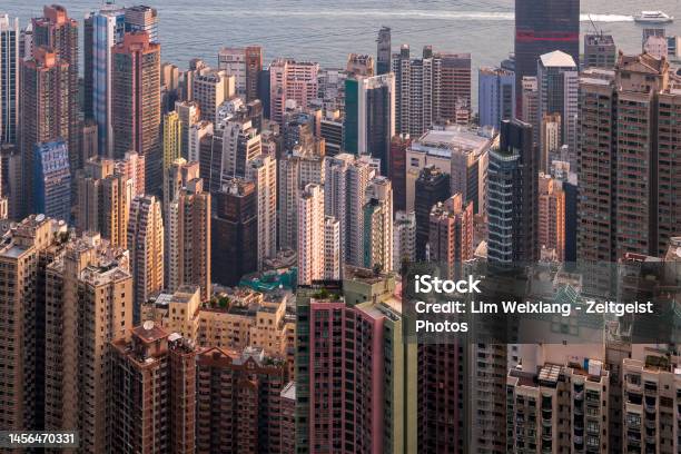 Aerial Shot Of Urban Sprawl In Hong Kong Island Stock Photo - Download Image Now - Aerial View, Real Estate, Architecture