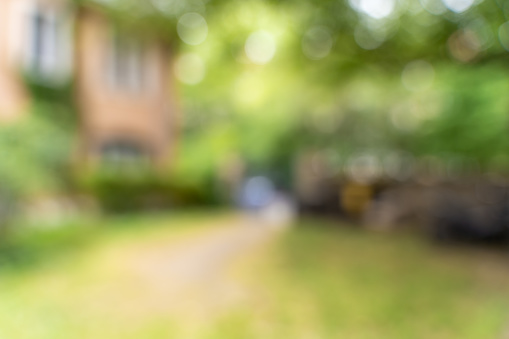 Blurred lawn background in a garden area. Empty space in a backyard  can be used as backdrop in design. Vibrant environment with buildings and trees.