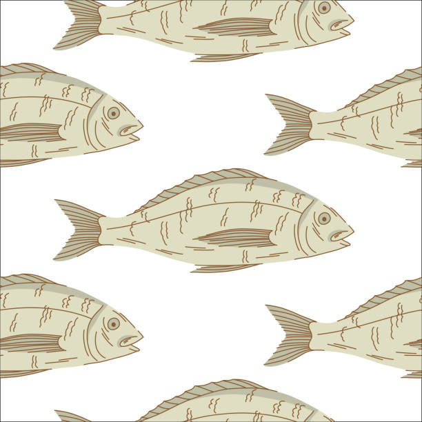 stockillustraties, clipart, cartoons en iconen met seamless pattern with sea bass on a white background in flat style. - trekzalm