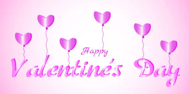 Vector illustration of Pink gradient background with the words Happy Valentine's Day and heart shaped balloons