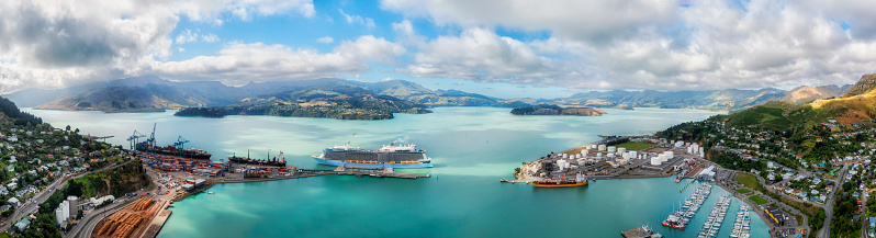 Scenic aerial panorama of Lyttleton port and Diamond harbour on Pacific coast of New Zealand