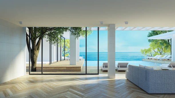 istock Beach luxury living room and Sea view interior - 3d rendering 1456476615