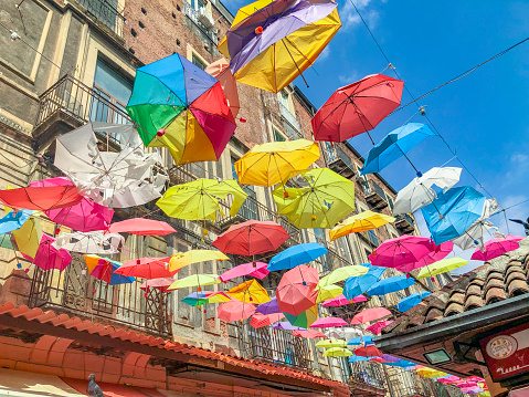 Palermo, Italy - October 1, 2022: colorful umbrellas in the old town of Palermo as decoration in the pedestrian zone with facade of historic old houses under blue sky