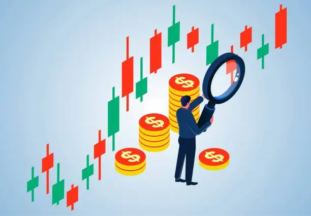 Vector illustration of Business financial investment and analysis, marketing economic growth, investment income or money management analysis, stock exchange market, isometric businessman holding a magnifying glass to analyze candlesticks