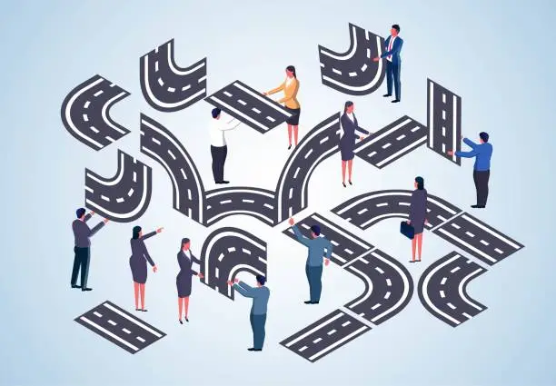 Vector illustration of Isometric business teams working together to puzzle out the complete path, paving the way to success, career or business development and planning, the ladder of success, the road to success