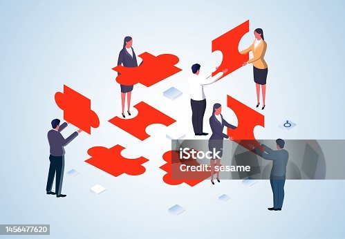 istock Build new teams to develop new business, business team growth and development, team camaraderie teamwork to achieve success.Isometric group of businessmen together to put together a puzzle 1456477620