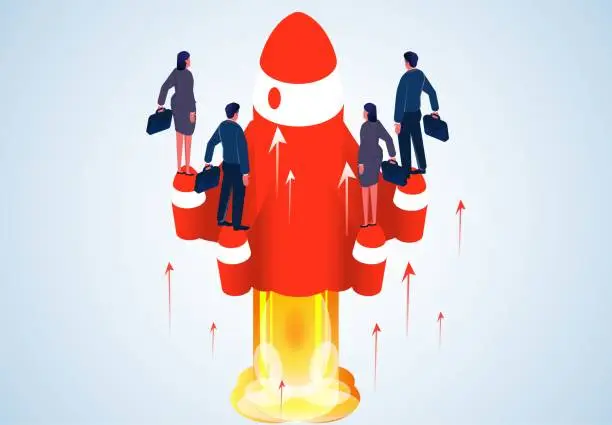 Vector illustration of Starting a business or launching a new project or new development, driving a team to achieve success, teamwork, isometric four businessmen standing on a rocket booster to take off upwards