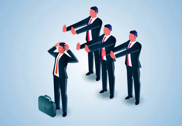 Vector illustration of Scapegoat, launch a person to suffer, sacrifice a person to complete the crowd, such as distance three businessmen forcibly launched another businessman