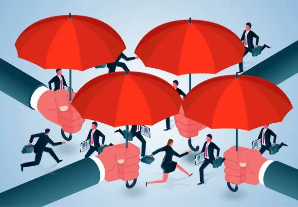 Vector illustration of Isometric a large group of businessmen running under an umbrella held by large hands, business protection or insurance, avoidance of business risks