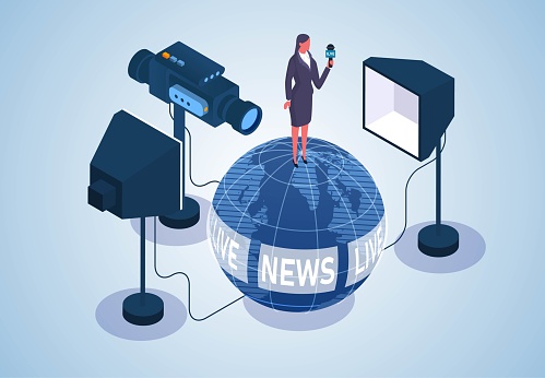 Live TV or news global broadcast, live global news events, news interviews or press conferences, isometric businesswomen standing on the earth to record news videos or blogs live