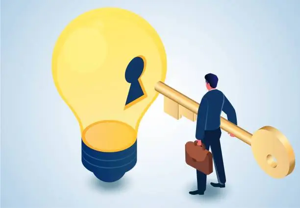 Vector illustration of Solving creative problems, opening up new ideas and new creativity, innovation and reform, waiting for the distance businessman to take the golden key to open the keyhole of the light bulb