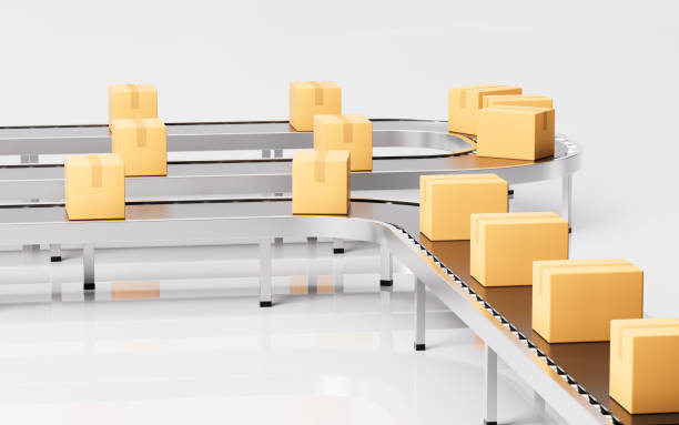 istock Boxes on the conveyor belt, Logistics transportation concept, 3d rendering. 1456482435