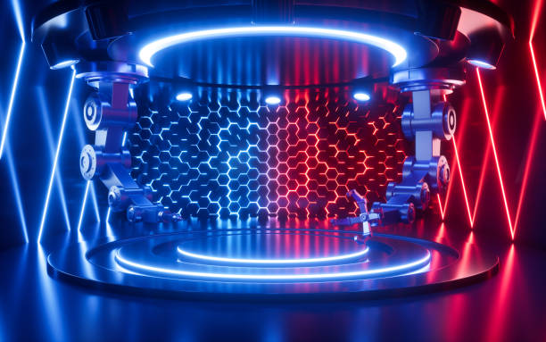 istock Empty stage with mechanical arm in the neon background, 3d rendering. 1456482478